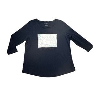 Talbots Top Shirt Women 1X Navy Blue Marthas Vineyard Stamp 3/4 Sleeve Basic
